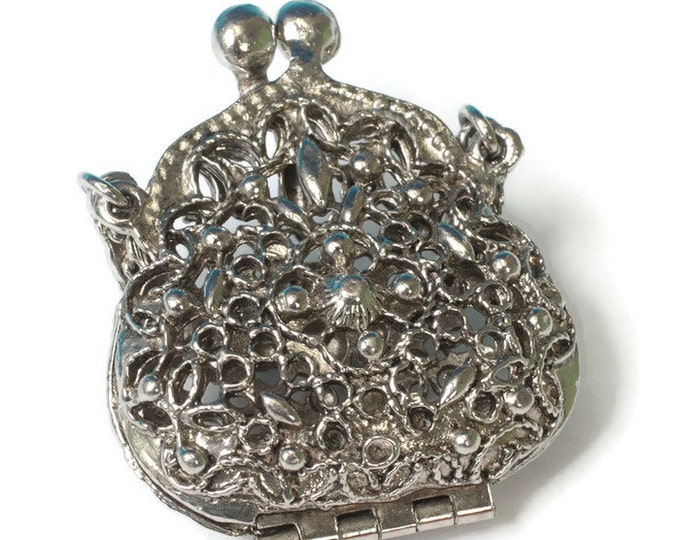 Purse Pendant Silver Tone Filigree Perfume Retro Vintage