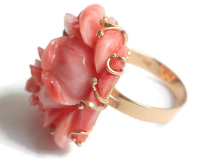 Carved Coral Rose Flower Ring 14K Gold Size 7 3/4