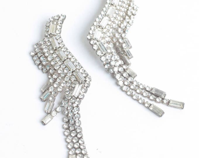 Long Rhinestone Crystal Dangle Earrings Baguettes Chatons Clip On Vintage
