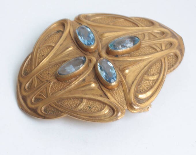 CIJ Sale Art Nouveau Blue Glass Stone Sash Pin Brooch Gold Tone