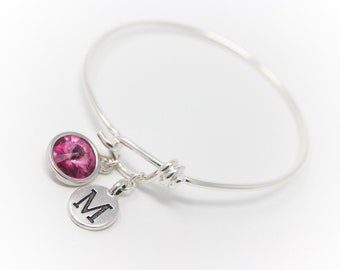 October Birthstone and Initial Silver Bangle Bracelet Rose Crystal Choose Your Color and Initial