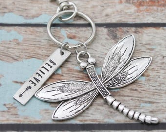 Believe Dragonfly Keychain, Personalized Hand Stamped Inspirational Keychain, Gift for Her, Inspirational Key chain
