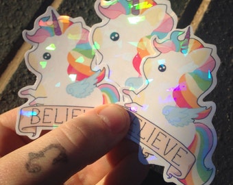 Sparkle unicorn stickers, cute stickers, kawaii unicorn, unicorn sticker set, hologram effect stickers, set of three