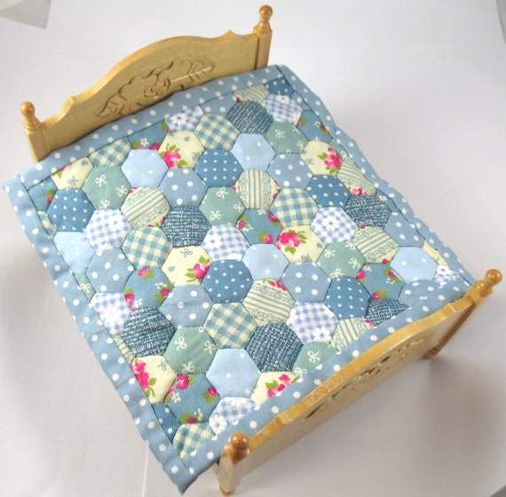 Dollhouse Miniature Patchwork Quilt in 12th Scale Blue