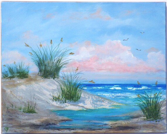 Beach painting with sand dunes sea oats sea grass and and