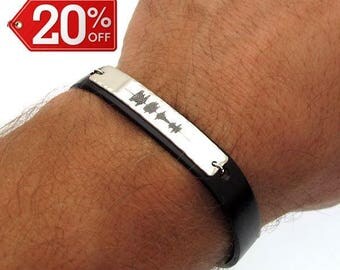 Sound Waves Bracelet, Mens Personalized Leather Bracelet, Personalized Mens Gift, Engraving Silver Voice recording Bracelet. Special gift