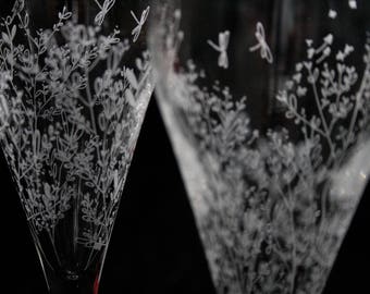 Pair of Hand Engraved Crystal Presecco Glasses, Little Birds, Dragonflies & Butterflies