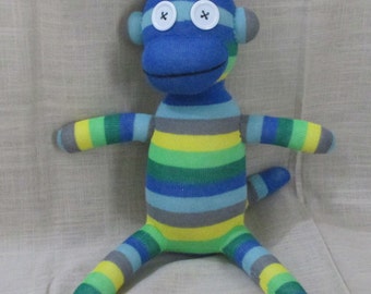 Clearance Handmade Blue & Green Striped Sock Monkey Stuffed Animal Doll Baby Toys