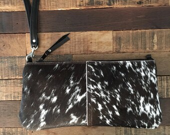 Black and White Spotted Hair on Hide Convertible Wristlet
