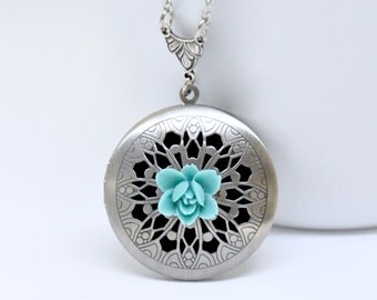 Teal Blue Flower Locket Necklace, Antique Silver Locket, Filigree Locket, Lotus Flower Locket, Flower Necklace, Floral Scent Locket Pendant