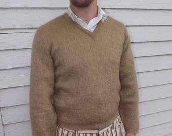 Mens Mohair Sweater Tan Wool Vintage Shaggy Pullover M