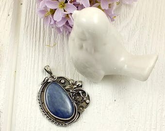 Retro metalwork necklace, gemstone fine necklace, romantic wire wrap jewelry, sterling silver jewelry, flower necklace, blue kyanite jewelry
