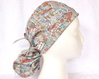 OR Scrub Hat Ponytail, PonyTail Scrub Hat, PonyTail Surgical Hat, Scrub Cap, Birds and Leaves on Grey Background