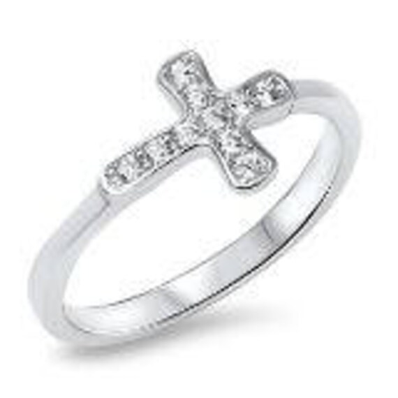 First Communion Sterling Silver Ring with CZ Sideways Cross