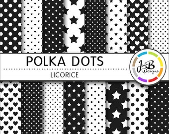 Polka Dots Digital Paper, Licorice, Black, White, Dots, Hearts, Stars, Digital Paper, Digital Download, Scrapbook Paper, Digital Paper Pack