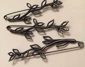 Leaf Twig Safety Pin Brooch #safetypin I am safe I am here I love You Gunmetal Branch Shawl pin twiglet jewelery leaves