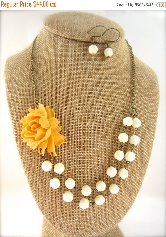 50% Sale Yellow Statement Necklace Double Strand by kbjhandmade