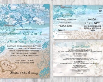 Beach Wedding Invitations, Starfish Wedding Invitation, Beach Theme Ocean Themed Invitation, Wedding Beach Invitation Sand Heart Invitations