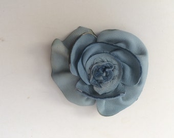 blue leather rose flower hatpin brooch by Tuscada. Ready to ship.