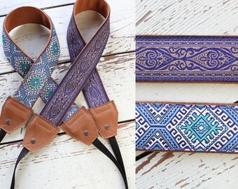 Leather and Suede Camera Straps in Blue Nordic and Blue Damask DSLR SLR Photo