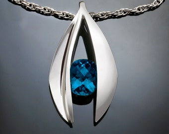 blue topaz necklace, London blue topaz pendant, statement necklace, Argentium silver, artisan jewelry, December birthstone, unique - 3495