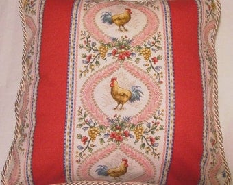 Country French Cottage Rooster Pillow Provence Red Pink Yellow Ivory Toile Hens