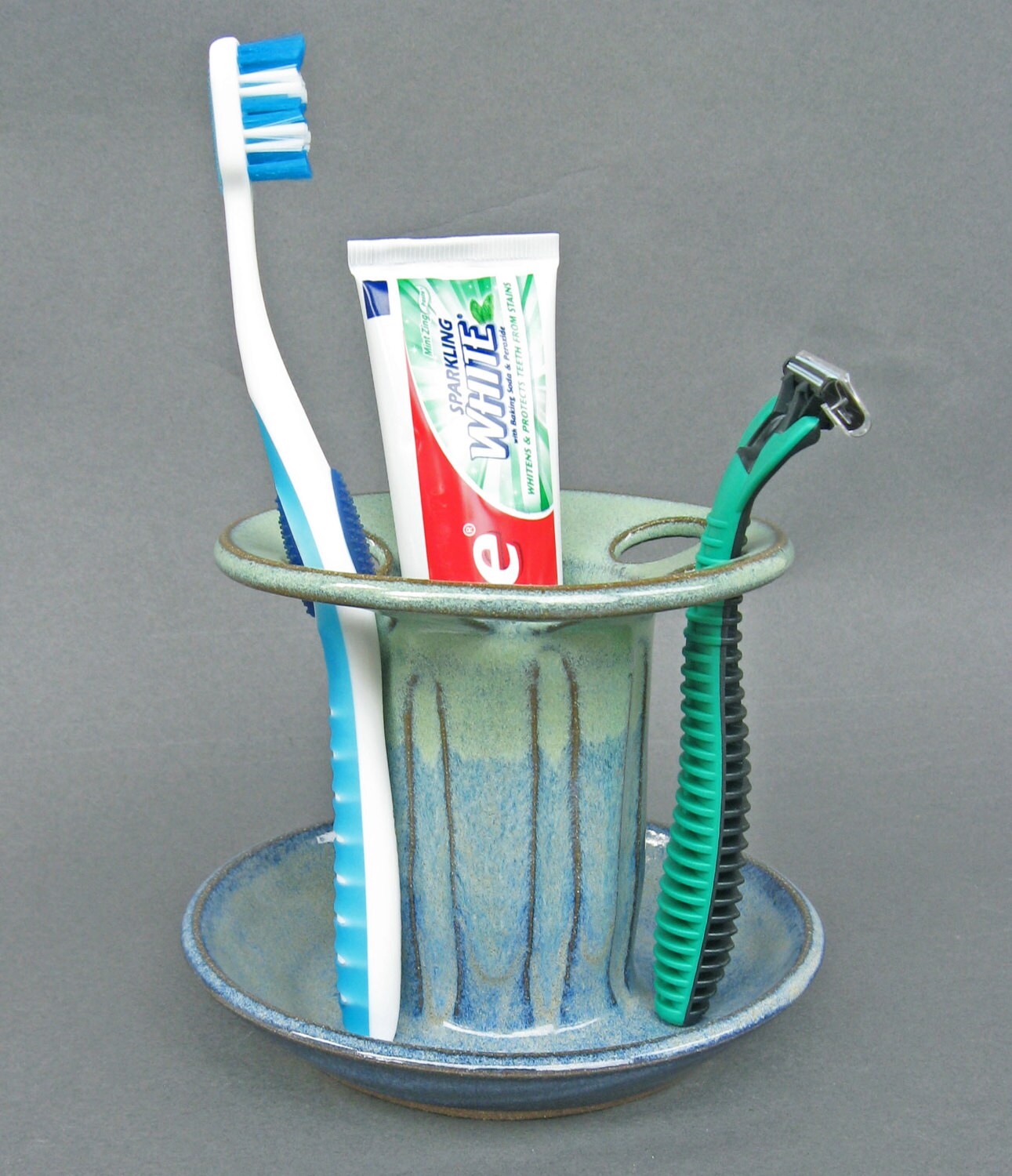 Toothbrush Holder 6 Slots in Cobalt Blue and Green Glaze