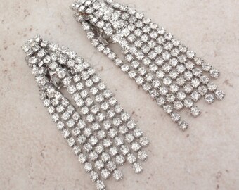 Rhinestone Waterfall Earrings Long Shoulder Dusters Crystal Silver Tone Prong Set Vintage 110416RC
