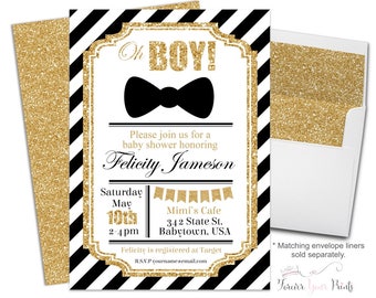 Black and Gold Baby Shower Invitation, Boys Baby Shower Invitation, Little Man Invitation, Gold Glitter Baby Shower, Bow Tie, Baby Boy