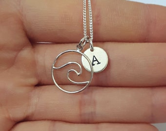 Sterling Silver Wave Necklace, Personalized Jewelry, Initial Necklace, Girl's Gift, Birthday Gift