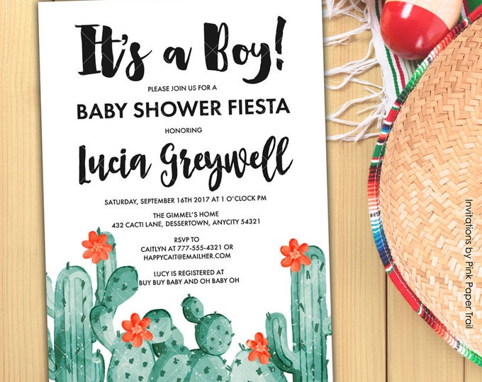 Cactus Cactii Succulents Boy Baby Shower Fiesta Invitation, It's a Boy Baby Shower Mexican Party Printable Invitation