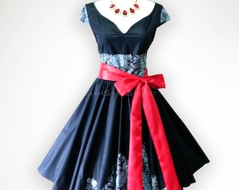 Joyful Black Vintage Roses 50s Pin up Rockabilly Swing Dress Full Swing Skirt