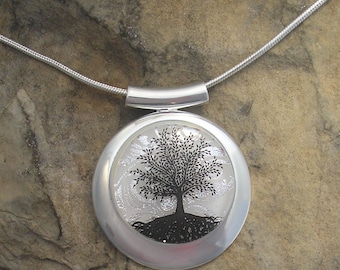 Silver Tree of Life Necklace Dichroic Fused Glass Tree Pendant