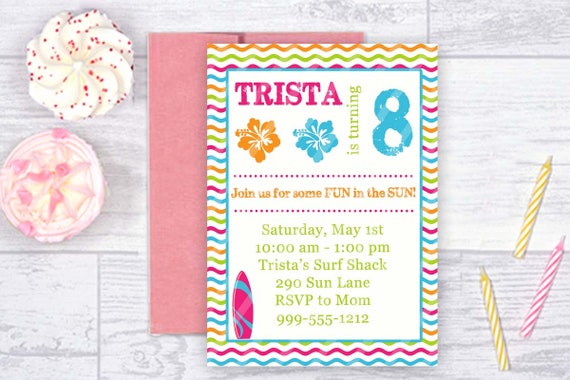 SALE Surf Party Beach Girl Invitation 5x7 or 4x6 Invite Jpeg DIGITAL File Il_570xn