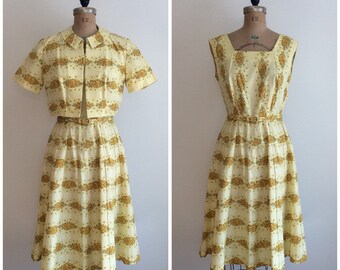 Vintage 1950s Floral Print Yellow Cotton Dress 50s Betty Hartford Garden Wedding Party