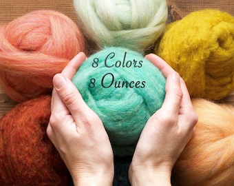 Needle Felting Wool Assortment, YOU CHOOSE 8 Colors // 8 Ounces, Mix and Match, Roving, Batting, Fiber Sampler, Wet Felting, DIY Supply