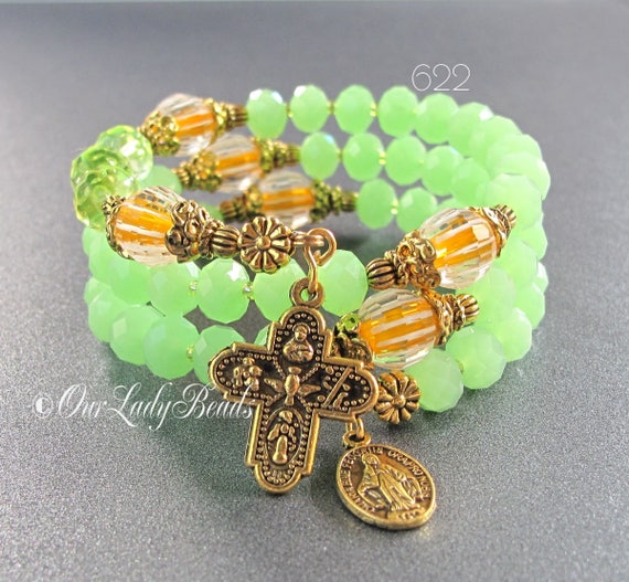Catholic Rosary WristWrap Rosary Green Crystal Rosary