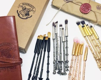 FREE SHIPPING - Harry Potter Hogwarts inspired wand Makeup Brushes Brush Set (Brush Roll Option)