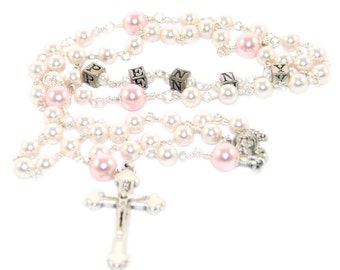 Personalized Baptism Rosary, White & Pink Pearls - You Choose Name / Custom Name Rosary for Baptism Godparent Gift
