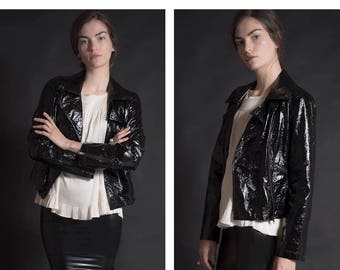 Patent Leather Motorcycle Jacket / Vintage PVC Jacket / Size S