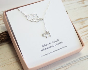 Sterling Silver Cloud and Flying Pig Lariat Necklace... Graduation Inspirational Sentiment Card