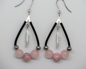 Boucles d'oreilles goutte//bijou quartz rose// plume// acier inoxydable//cadeau pour elle//pink quartz earring, mothers day gift