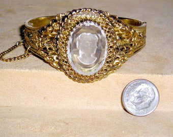 Vintage Signed Whiting & Davis Hinged Bracelet With Glass Intaglio Cameo 1960's Jewelry 3094