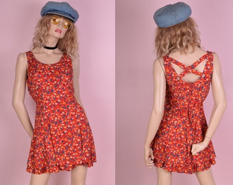 90s Floral Print Mini Dress/ US 9-10/ 1990s