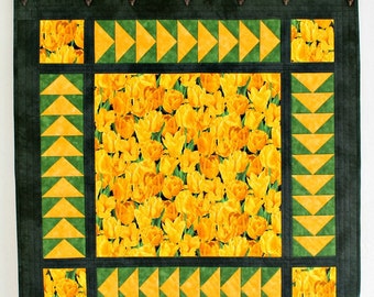 Quilted Wall Hanging, Yellow Tulips, Table Topper, Table Runner, Tablecloth, Table Quilt, Quiltsy Handmade