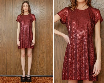 Vintage 80s 90s Sequin Burgundy Wine Sequined Short Sleeve Metallic Scoop Neck A Line Club EDM Festival Vapor Mini Dress S M