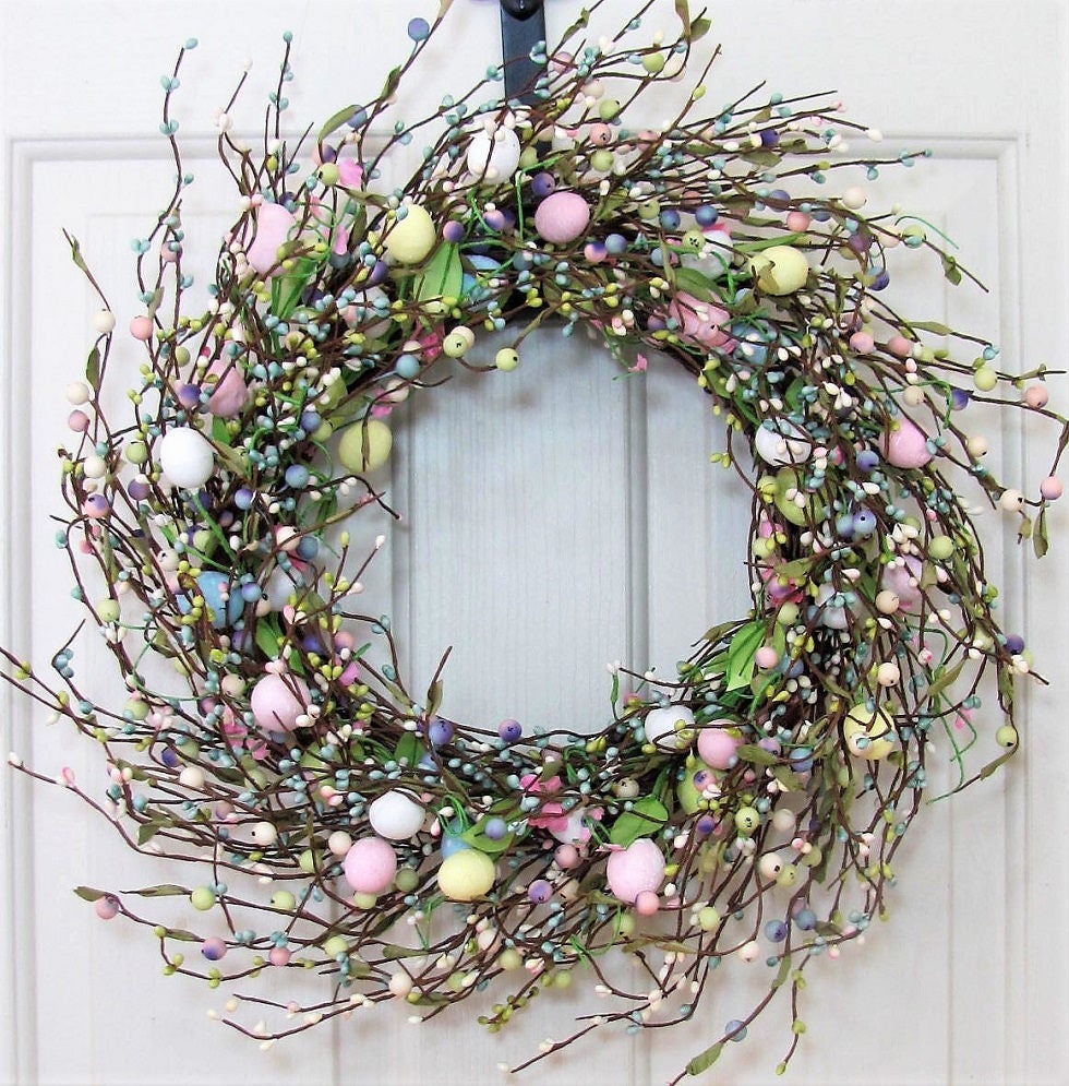 Spring Wreaths - Front Door - Pastel Easter Wreath - Easter Egg Wreath - Primitive Wreaths - Easter Decor - Teal Window Wreath - Farmhouse