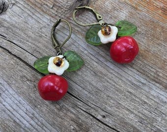 Apple Earrings, apple jewelry, czech red apple earrings, red earrings fruit jewelry