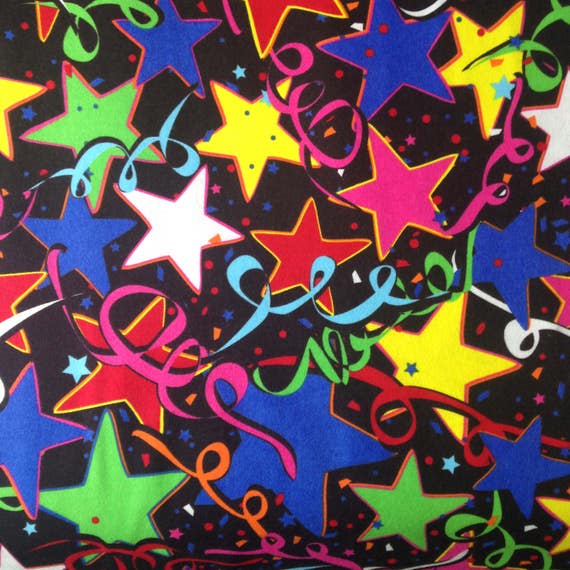 Stars party red blue yellow Flannel fabric, fabric by the yard, black ...