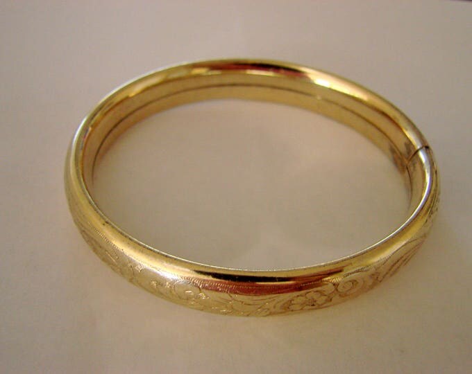 Antique Engraved Floral Gold Plate Bangle Bracelet Vintage Jewelry